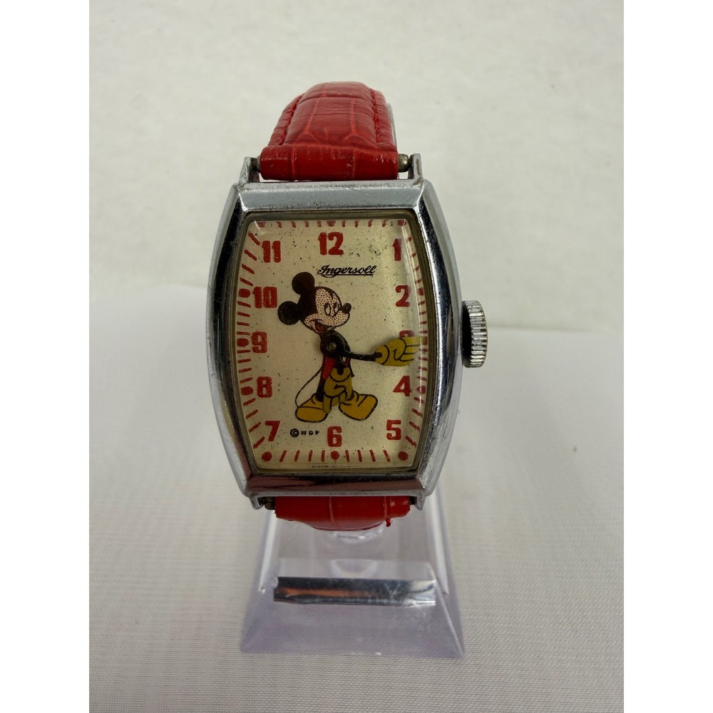 Vintage Ingersoll Mickey Mouse US Time Manual Wind Watch 6842 Red Strap